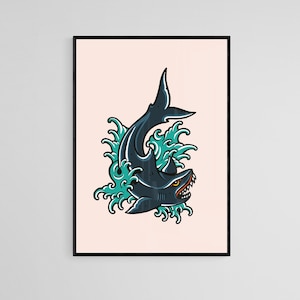 Wilder Hai Tattoo Style Wand Kunstdruck | Tattoo Flash Wand Dekor | Traditionelle Old School Wandkunst | Tattoo Poster | Digitaler Download