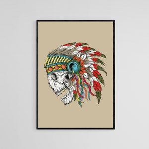 Skull In Red Indian Hat Tattoo Style Wall Art Print | Tattoo Flash Wall Decor | Traditional Old School Wall Art | Tattoo Poster