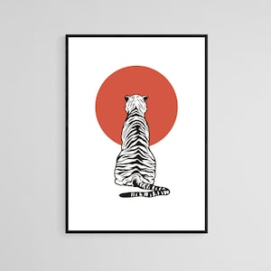 Tiger Looking At Rising Sun Tattoo Style Wall Art Print | Tattoo Flash Wall Decor | Traditional Old School Wall Art | Tattoo Poster