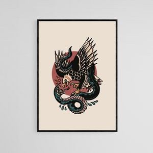 Snake And Eagle Tattoo Style Wall Art Print | Tattoo Flash Wall Decor | Traditional Old School Wall Art | Tattoo Poster