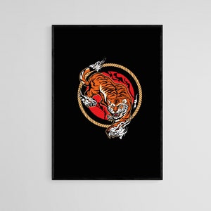 Wilder Tiger im roten Kreis Tattoo Stil Wand Kunstdruck | Tattoo Flash Wand Dekor | Traditionelle Old School Wandkunst | Tattoo Poster