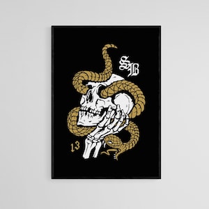 Golden Snake Skull Tattoo Style Wall Art Print | Tattoo Flash Wall Decor | Traditional Old School Art | Tattoo Poster | Digital Download