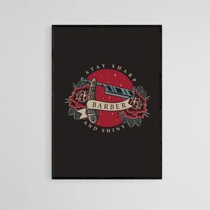 Stay Sharp Barber Inspired Tattoo Style Wall Art Print | Tattoo Flash Wall Decor | Traditional Old School Wall Art | Tattoo Poster