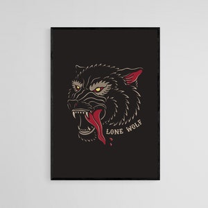 Lone Wolf Tattoo Style Wall Art Print | Tattoo Flash Wall Decor | Traditional Old School Wall Art | Tattoo Poster | Digital Download