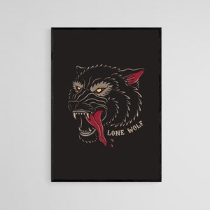 Lone Wolf Tattoo Style Wall Art Print | Tattoo Flash Wall Decor | Traditional Old School Wall Art | Tattoo Poster