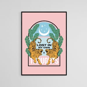 Verloren in mijn eigen gedachten Pink Tiger Tattoo Style Wall Art Print | Tattoo Flash-muurdecor | Traditionele Old School kunst aan de muur | Tattoo-poster
