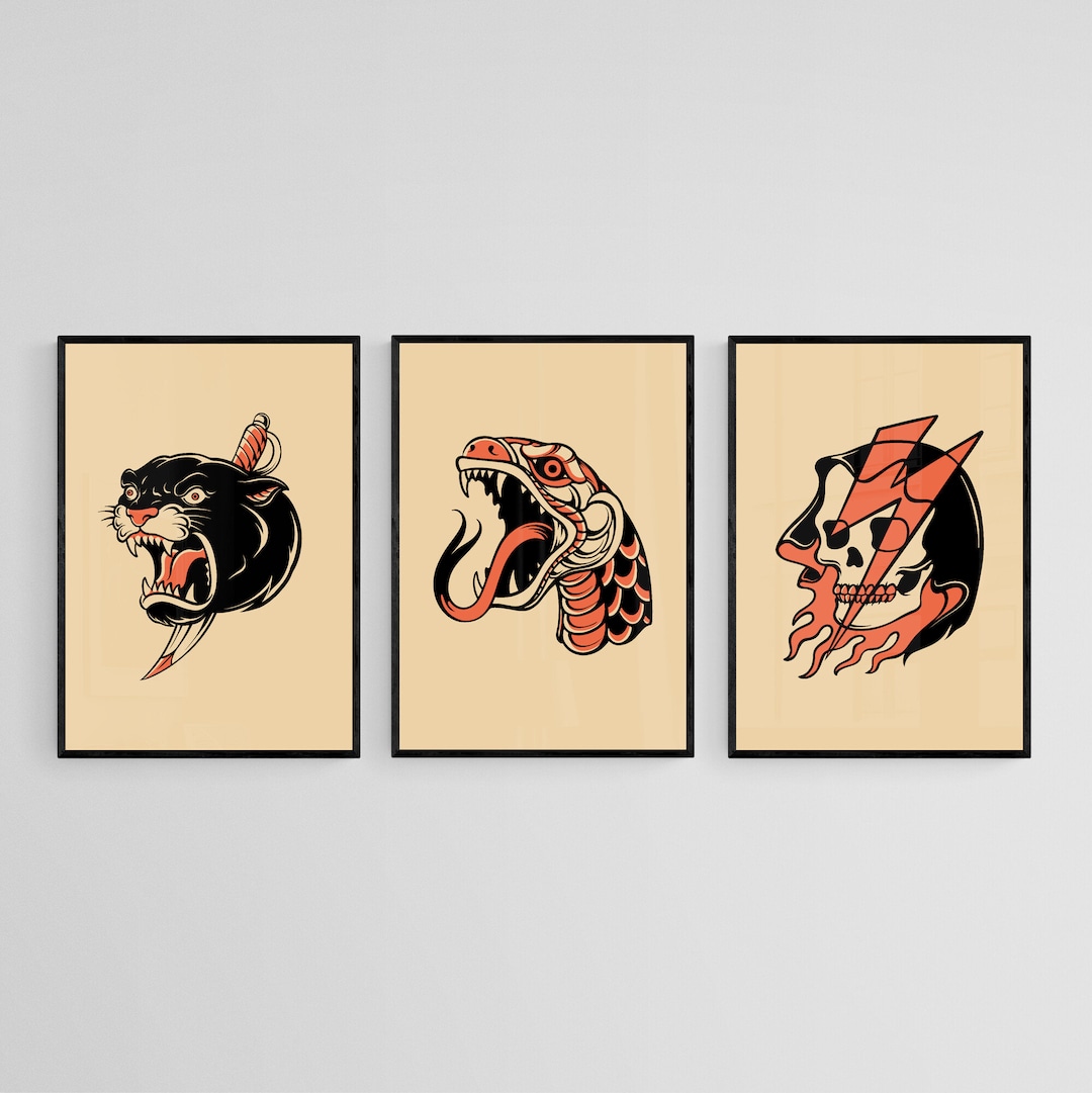 Set of Three Traditional Orange Tattoo Style Wall Art Print Tattoo Wall