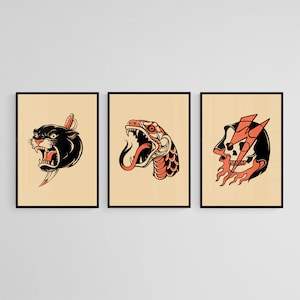 Set Of Three Traditional Orange Tattoo Style Wall Art Print | Tattoo Flash Wall Decor | Traditional Old School Wall Art | Tattoo Poster