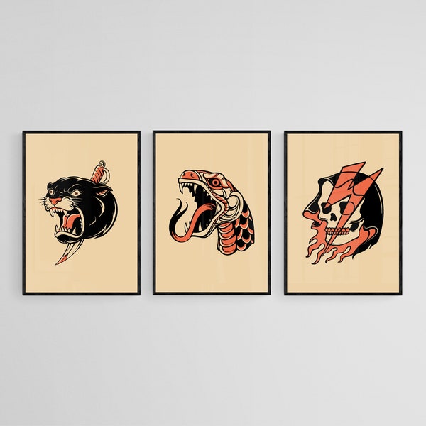 Set Of Three Traditional Orange Tattoo Style Wall Art Print | Tattoo Flash Wall Decor | Traditional Old School Wall Art | Tattoo Poster