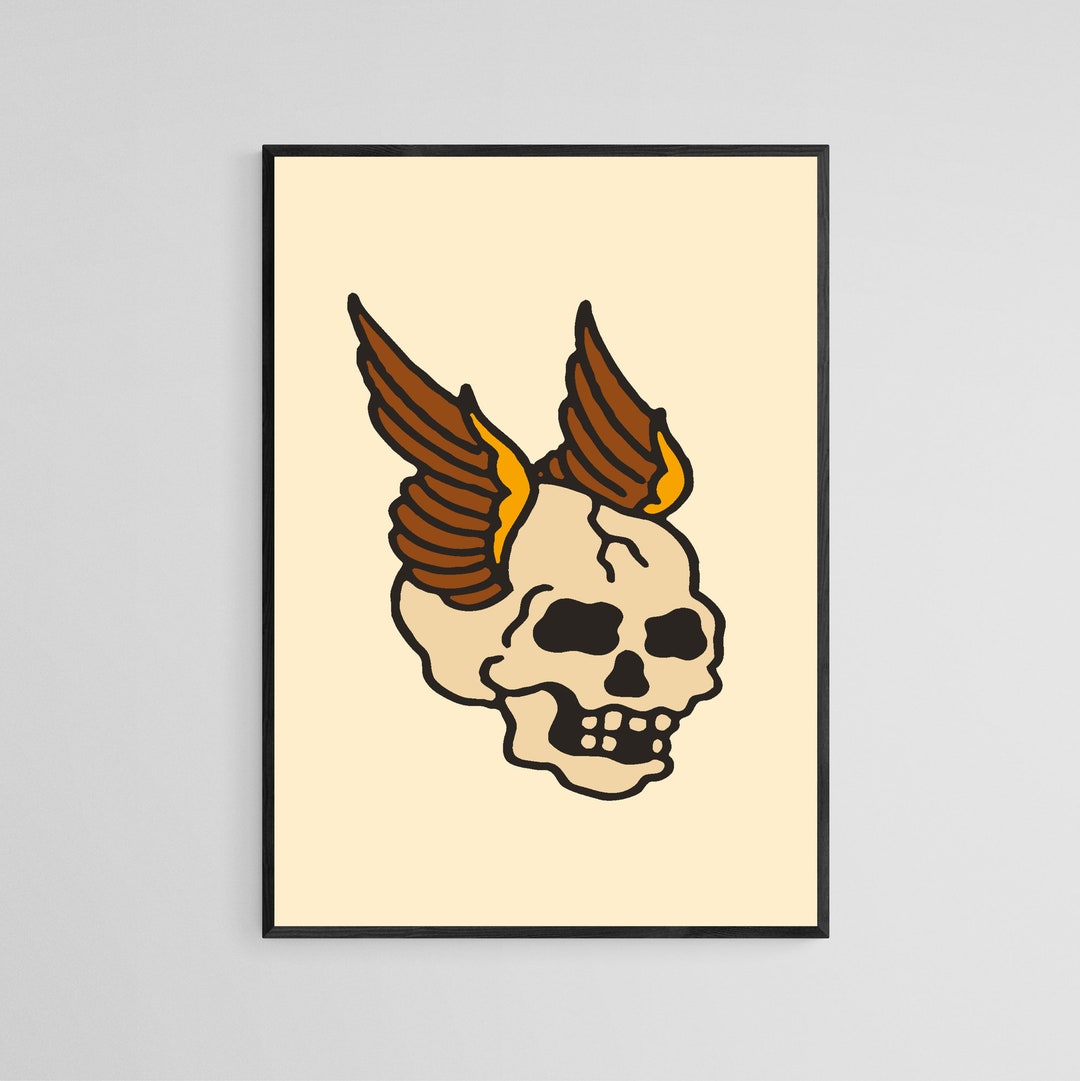 Skull With Wings Tattoo Style Wall Art Print Tattoo Flash Wall Decor