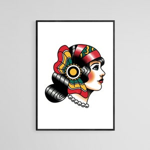 Vintage Women Head Doll Tattoo Style Wall Print