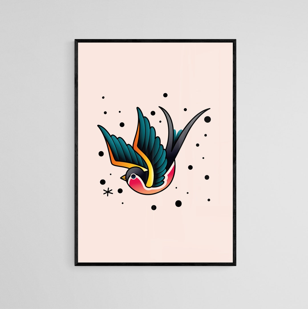 Dotted Swallow Tattoo Style Wall Art Print Tattoo Flash Wall Decor