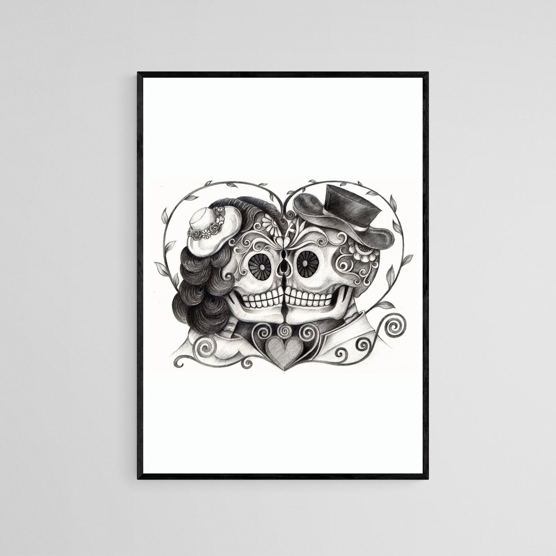 Black and Grey Skeleton Lovers Tattoo Style Wall Art Print Tattoo Flash