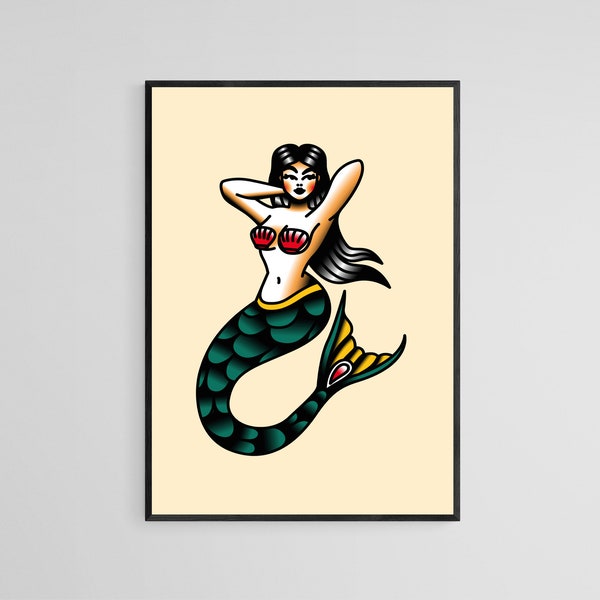 Pin Up Mermaid Tattoo Style Wall Art Print / Tattoo Flash Wall Decor / Traditional Old School Wall Art / Tattoo Poster