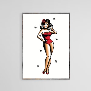 Traditional Pin Up Style Tattoo Wall Print Women Pin Up Wall Decor