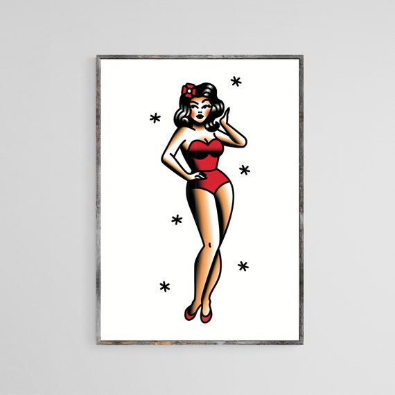 Traditional Pin up Style Tattoo Wall Print Women Pin up Wall 