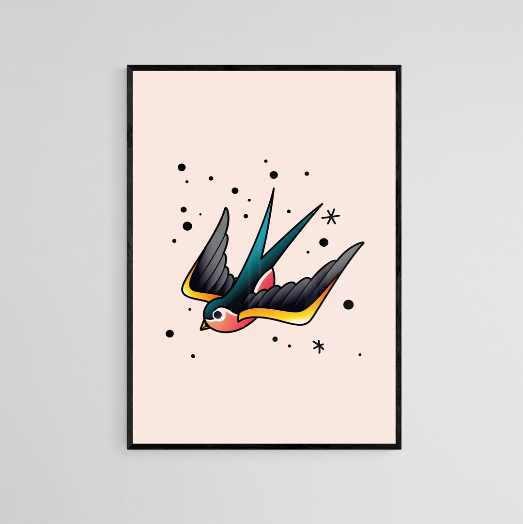 Diving Swallow Tattoo Style Wall Art Print | Tattoo Flash Wall Decor ...