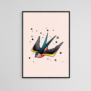 Diving Swallow Tattoo Style Wall Art Print | Tattoo Flash Wall Decor | Traditional Old School Wall Art | Tattoo Poster| Digital Download