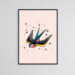 Diving Swallow Tattoo Style Wall Art Print | Tattoo Flash Wall Decor | Traditional Old School Wall Art | Tattoo Poster