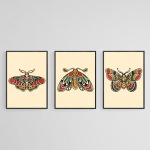 Set Of Three Traditional Moth Tattoo Style Wall Print Three Piece Wall Art | Three Piece Tattoo Wall Decor