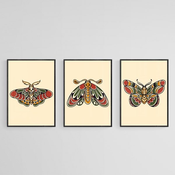 Set di tre tradizionali Moth Tattoo Style Wall Print Three Piece Wall Art / Three Piece Tattoo Wall Decor