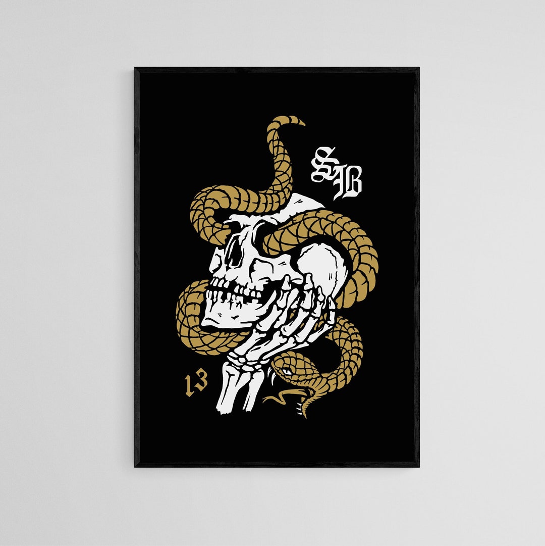 Golden Snake Skull Tattoo Style Wall Art Print Tattoo Flash Wall Decor