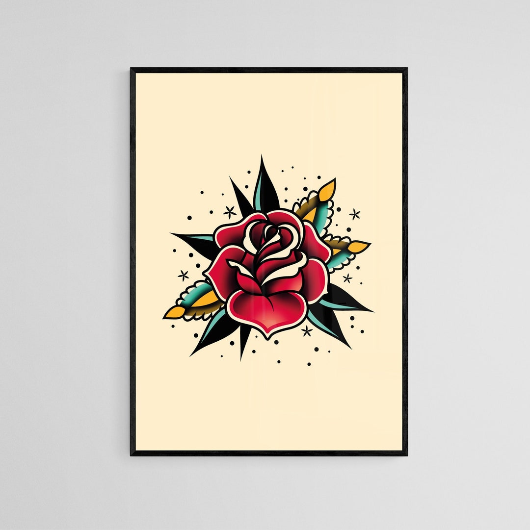 Traditional Rose Tattoo Style Wall Art Print Tattoo Flash Wall Decor