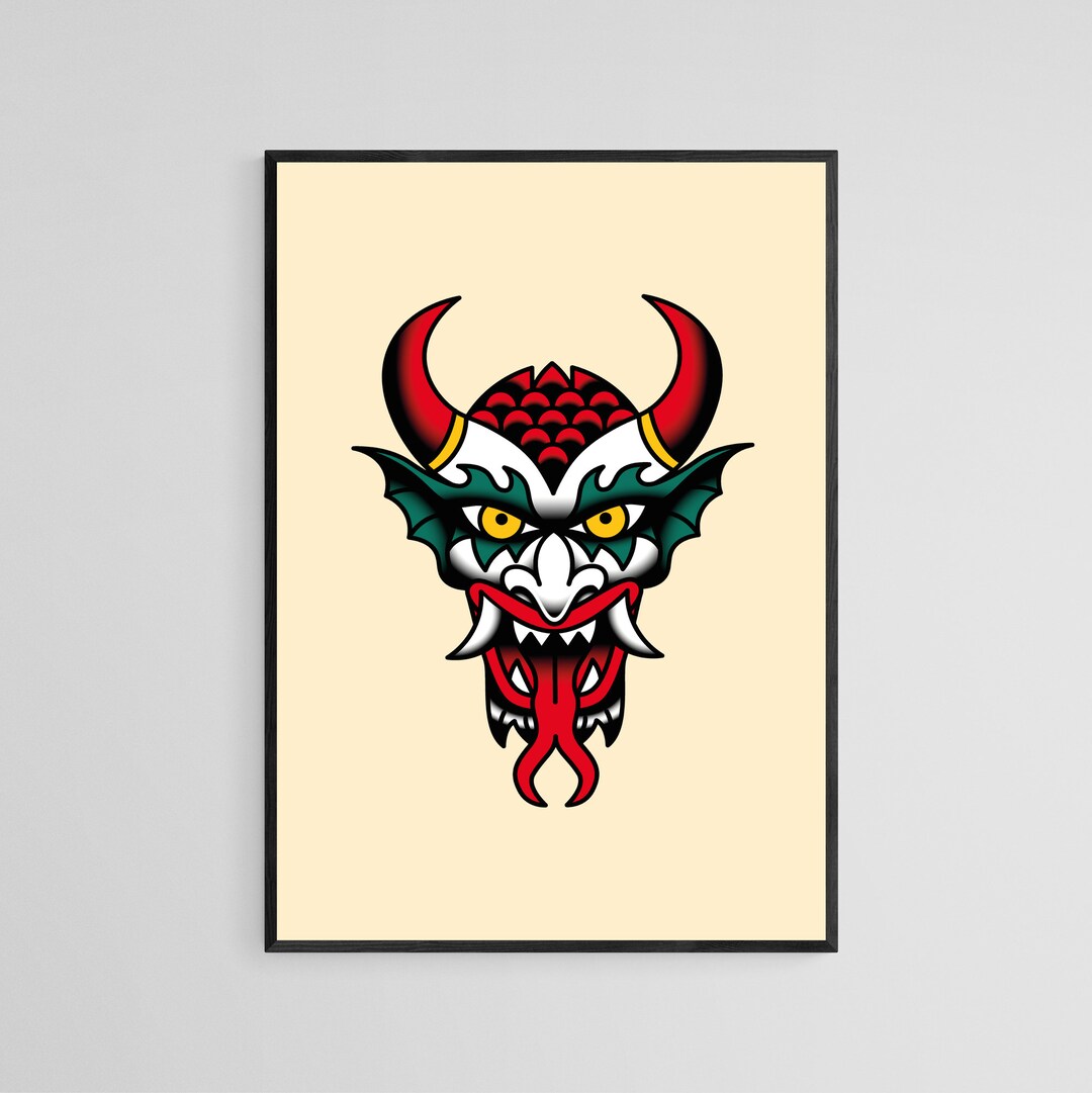 Devil Face Tattoo Style Wall Art Print Tattoo Flash Wall Decor