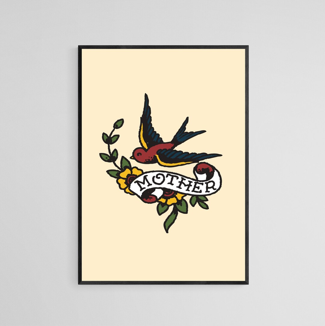 Mother Swallow Tattoo Style Wall Art Print | Tattoo Flash Wall Decor ...