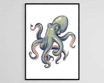 Green Octopus Print, Nautical Themed Print. Squid Style Ocean Print.