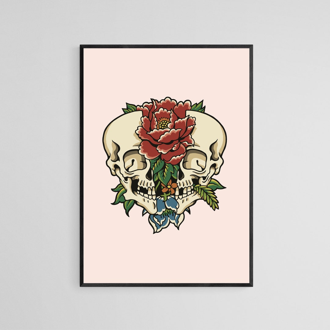 Split Skull With Flowers Tattoo Style Wall Art Print Tattoo Flash Wall