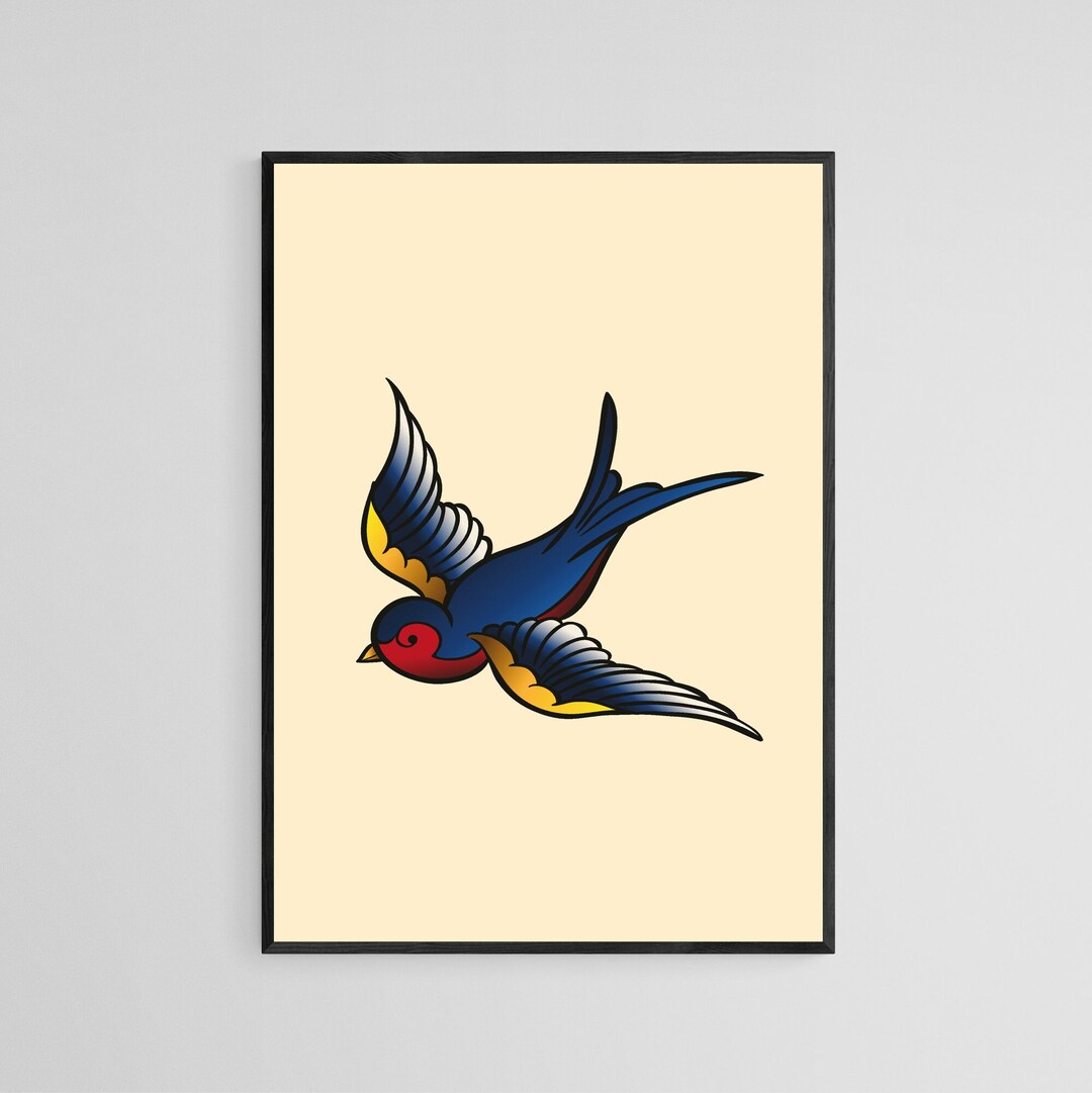 Navy Swallow Tattoo Style Wall Art Print | Tattoo Flash Wall Decor ...