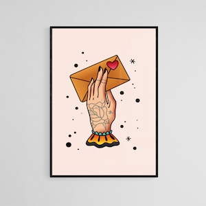 Hand met envelop Tattoo Style Wall Art Print | Tattoo Flash-muurdecor | Traditionele Old School kunst aan de muur | Tattoo-poster| Digitaal downloaden
