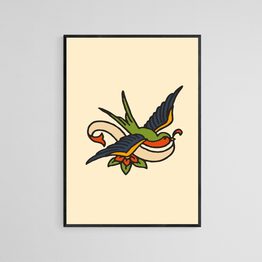Swallow With Scroll Tattoo Style Wall Art Print | Tattoo Flash Wall ...