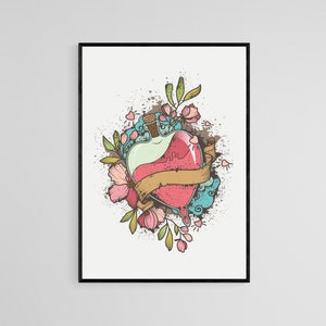 Love Heart Bottle Tattoo Style Wall Art Print | Tattoo Flash Wall Decor | Traditional Old School Wall Art | Tattoo Poster