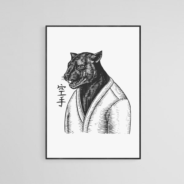 Big Cat Martial Artist Outline Black And Grey Tattoo Style Wall Decor Print.