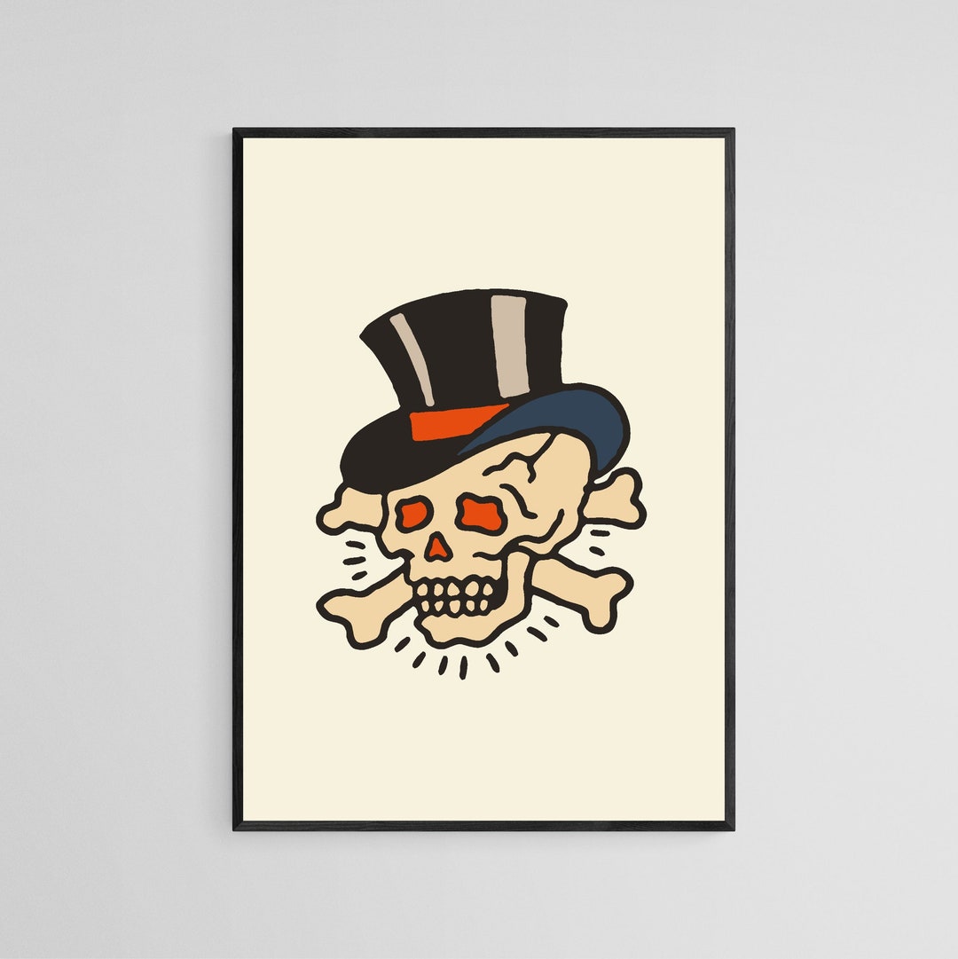 Skull in Top Hat Tattoo Style Wall Art Print Tattoo Flash Wall Decor