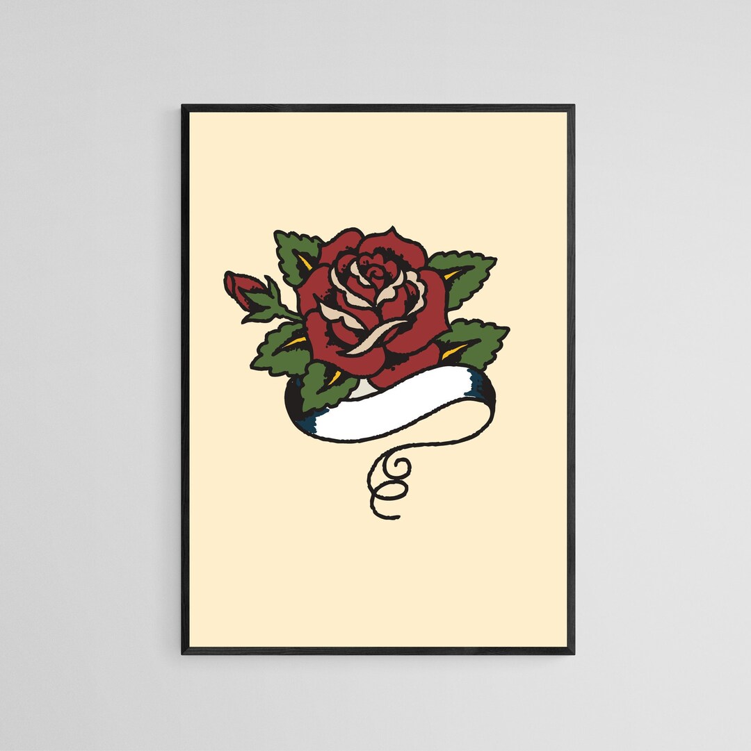 Rose With Scroll Tattoo Style Wall Art Print Tattoo Flash Wall Decor
