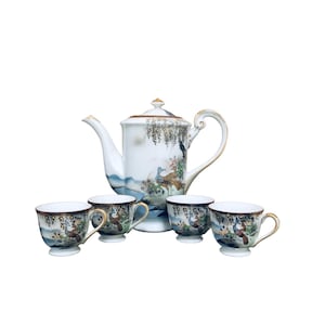 Vintage Asian Hand Painted Porcelain Peacocks Floral Teapot With 4 Mini Tea Cups