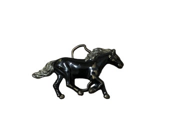 Fibbia per cintura da cavallo da corsa in metallo smaltato nero vintage