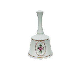 Vintage Westmoreland White Milk Glass Hand Painted Floral Medallion Scallop Bell