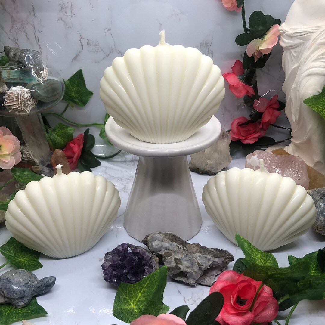 Unscented White Seashell Soy Wax Pillar Candle Etsy