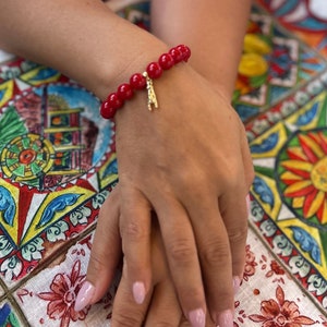 Italian Mano Cornuto Good Luck Charm Bracelet with Red Coral Beads