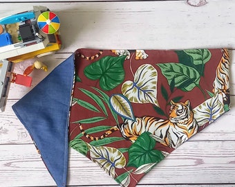 Dog bandanna, dog accessory, dog neckerchief, Hawaiian style, Japanese print, tiger print, denim, reversible.