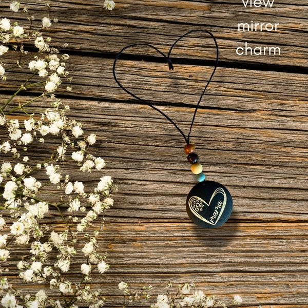 Rear view mirror charm for all the proud momma's! Wooden coin with wooden beads.