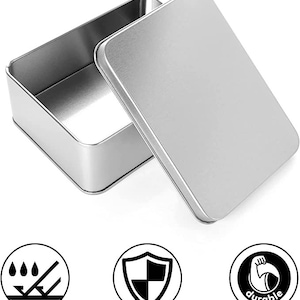 May include: A silver metal rectangular box with a lid. The box is empty and has a smooth surface. The box is durable and waterproof.