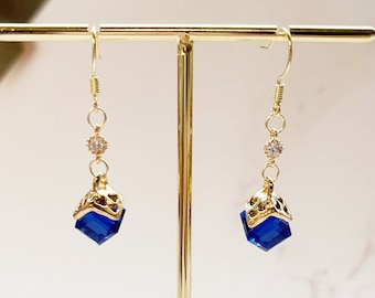 Blue Sapphire Dangle Earrings, September Birthstone Earrings, 14K Gold plated earrings, Birthday Gift, Mother's Day Gift
