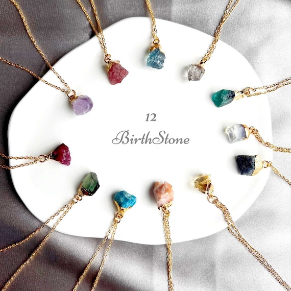 18K Gold Plated Raw Crystal Birthstone Necklace, Mother's Day Gift, Raw Gemstone, Birthstone Jewelry, Birthday Gift