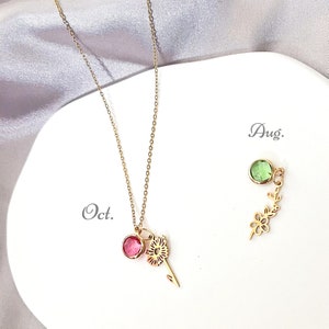 14K Gold Birth Flower Birthstone Necklace, Birth Flower Necklace, Birthday Jewelry, Birth Month Flower, Personized Gemstone Necklace