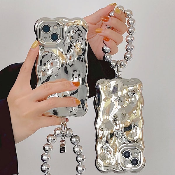 Cute Luxury Silver Electroplated 3D Meteorite Pattern Bead Bracelet Holder Shockproof iPhone Case for iPhone 15 Pro Max 14 13 12 11 Case